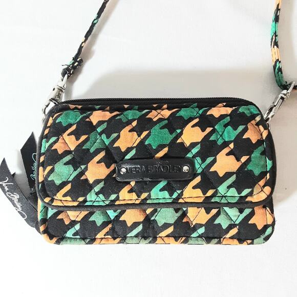 Vera Bradley Mini Crossbody Bag Wallet Black Orange Green Hounsthooth Pattern - Picture 3 of 7